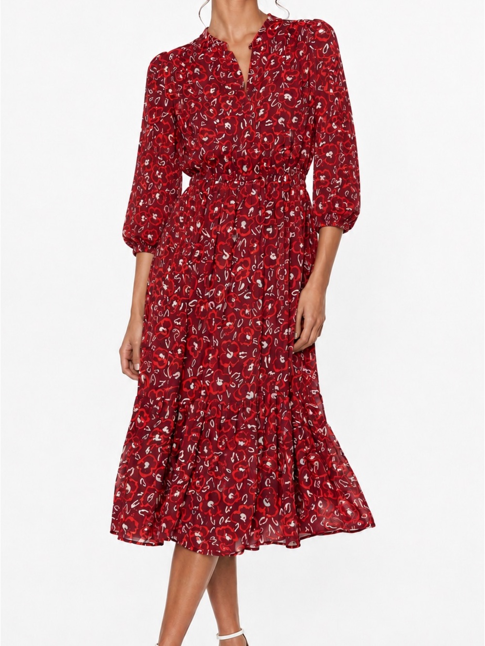 KAARI BLUE Flowy Chiffon Tiered Red Floral Midi Dress w Long Sleeves